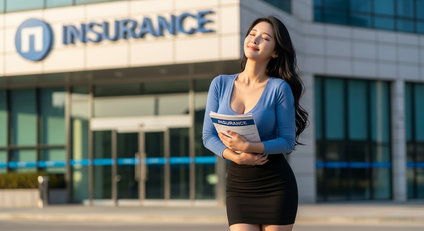 가족력 있는 30대 여성이 보험 서류를 안고 보험사 앞에서 눈 감고 안도의 미소 짓는 평화로운 모습