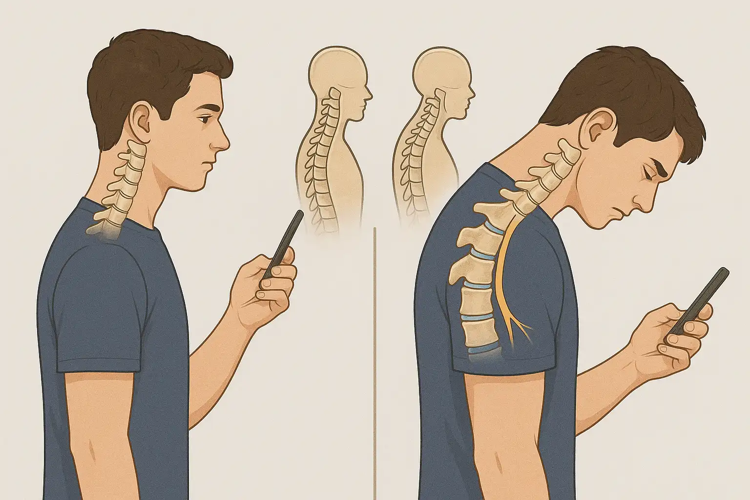 잘못된 자세로 스마트폰을 내려다보는 젊은 남성, 경추의 C자 곡선이 무너진 자세 비교 일러스트, 경추 디스크와 신경 압박을 보여주는 의학 그래픽