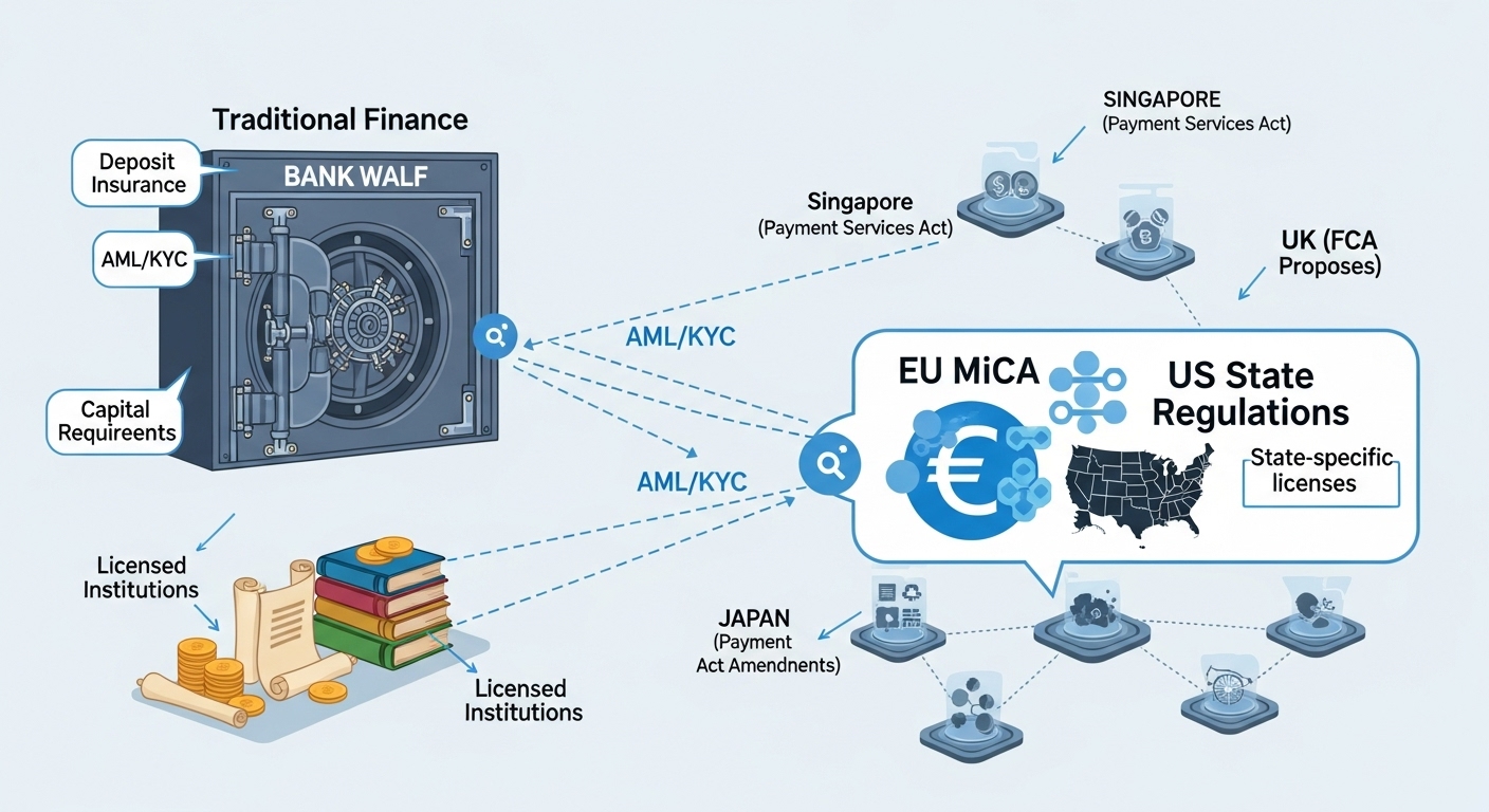 미국, 유럽연합, 일본 등 주요국의 스테이블코인 발행 주체 및 규제 현황을 비교한 인포그래픽