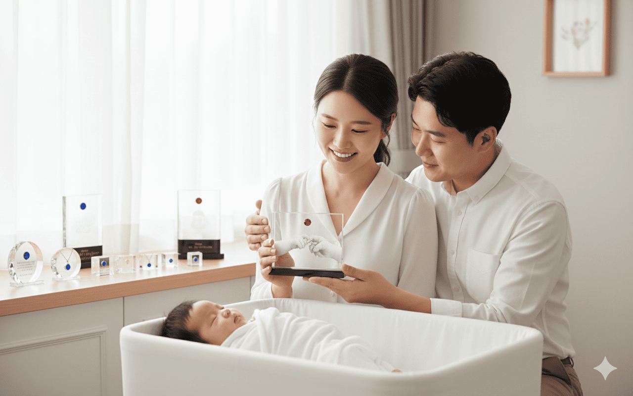 아기 앞에서 비아젬을 보고 있는 부모의 모습