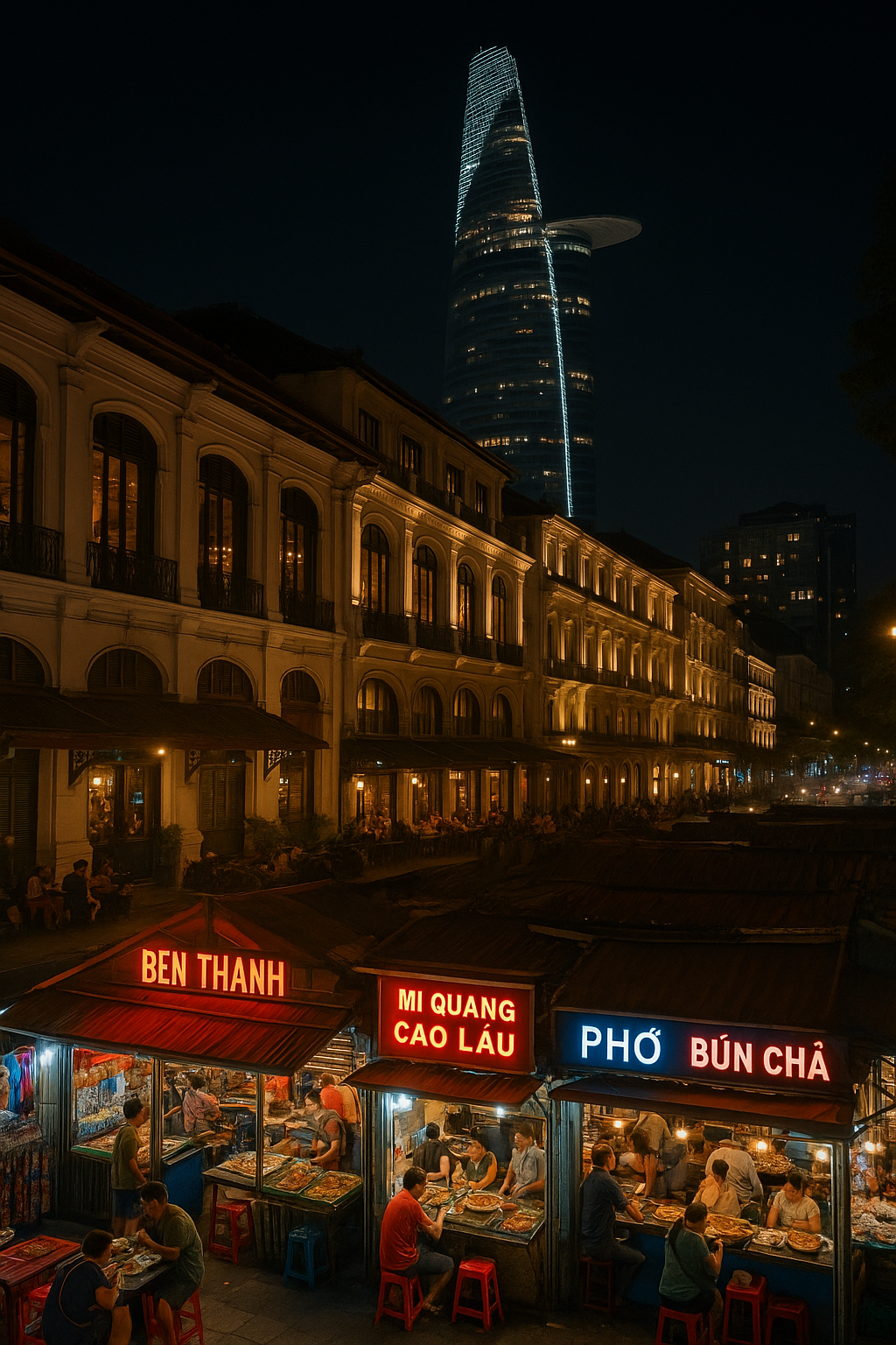 네온사인이 반짝이는 벤탄 야시장과 고풍스러운 동코이 거리 건물, 그리고 밤하늘을 수놓은 비텍스코 파이낸셜 타워가 한데 어우러진 호치민시 전경