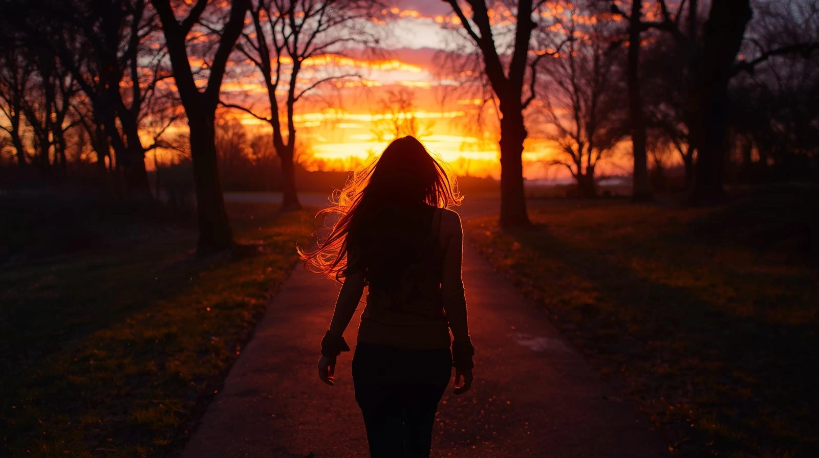 해질녘 공원을 걷는 사람