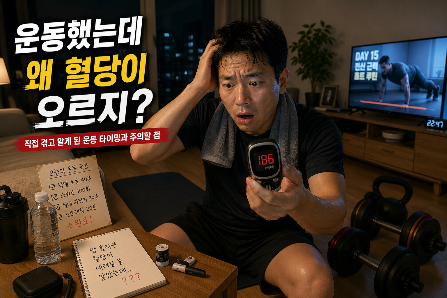 당뇨 환자가 운동 후 혈당 상승을 확인하며 운동 타이밍을 고민하는 모습
