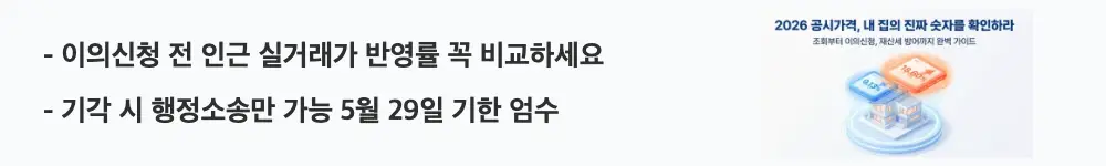 공시가격 조회: "이의신청 전 인근 실거래가 반영률 꼭 비교하세요 / 기각 시 행정소송만 가능 5월 29일 기한 엄수"라는 문구가 포함된 웹배너 이미지. 이 이미지는 공시가격 이의신청 전에 확인해야 할 실거래가 반영률 비교와 감가 요인 점검 그리고 기한 경과 시 구제 방법이 제한되는 점을 시각적으로 전달하며, 블로그의 이의신청 전 체크리스트 5가지와 관련된 내용을 설명함