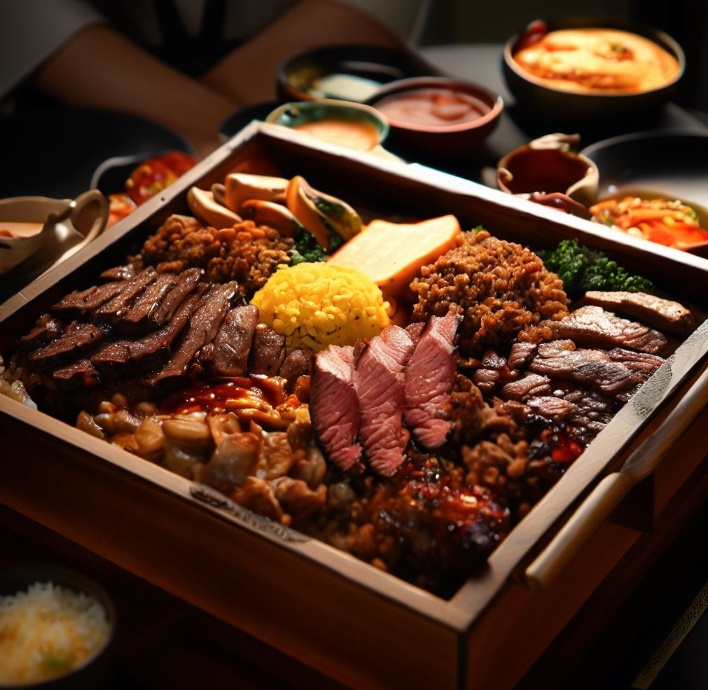 커다란 사각 쟁반 그릇에 담긴 고기(made by Bing)