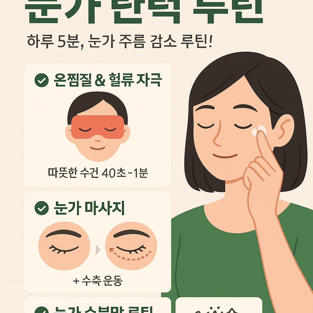 눈가 탄력을 높이고 주름과 피로를 완화하는 루틴을 소개하는 한국어 인포그래픽 이미지로, 온찜질, 눈가 마사지, 수분 마무리 루틴이 포함된 플랫 스타일 일러스트