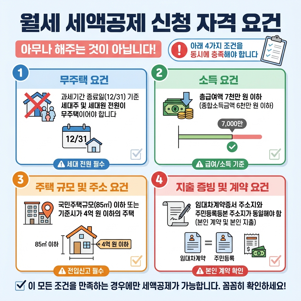 월세세액공제_신청자격_4가지조건_무주택_소듍_주택규모_거주_요약인포그래픽