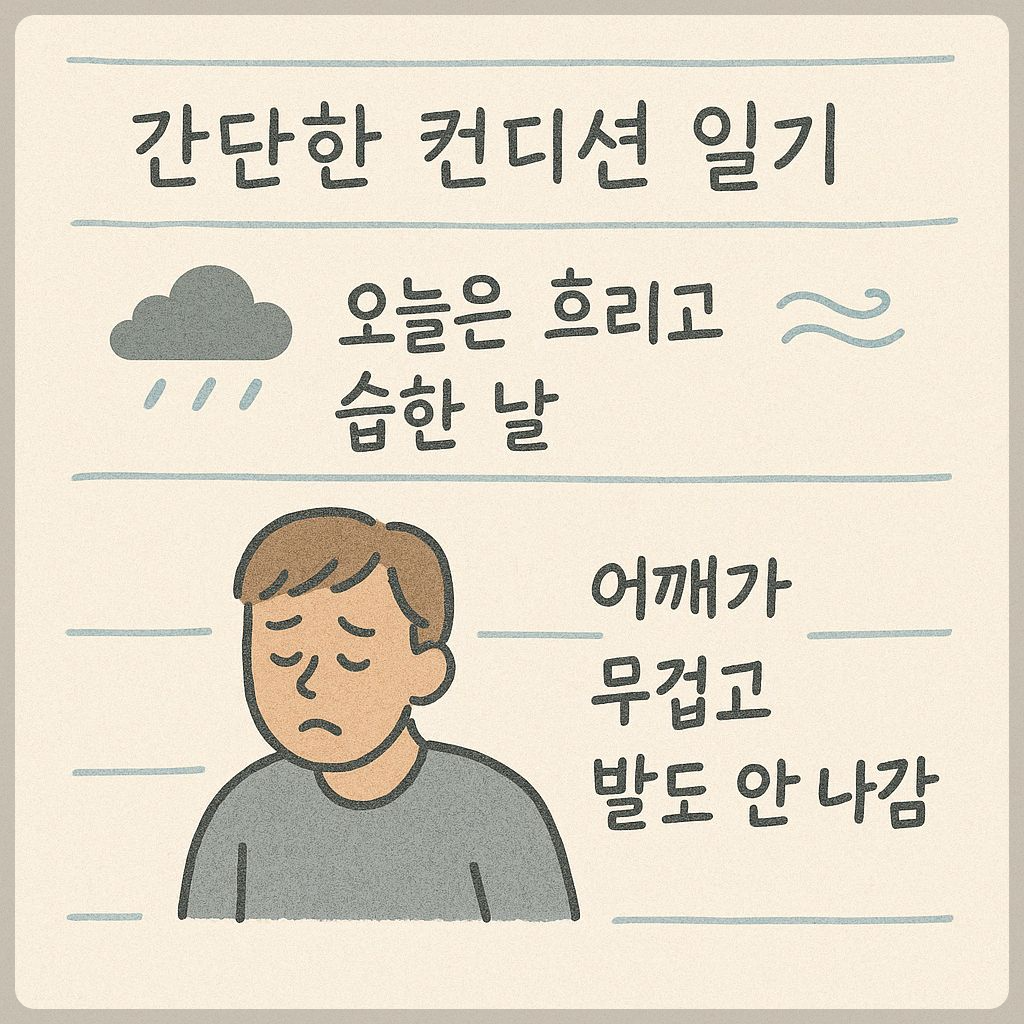 피곤한 표정의 남성과 함께 '어깨가 무겁고 발도 안 나감'이라는 글귀가 적힌 컨디션 일기 이미지