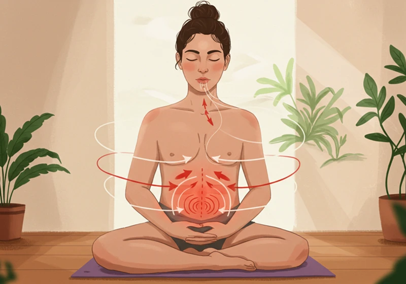 깊은 호흡을 통한 감정 조절: 평온한 공간에서 호흡에 집중하는 사람의 모습을 담은 일러스트. 스트레스 해소와 심리적 안정에 대한 시각적 표현.