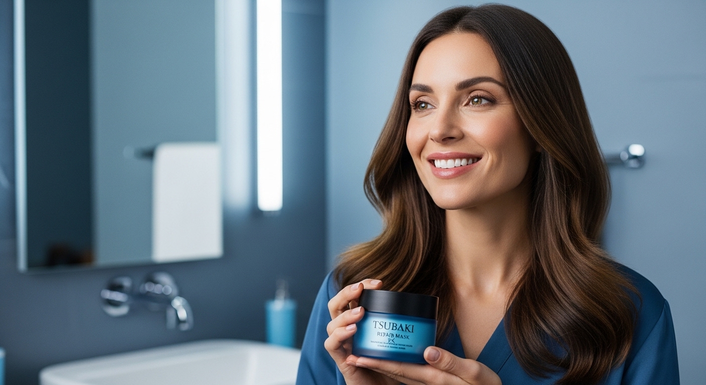 윤기 나고 건강한 머릿결을 가진 여성이 자신감 있는 미소를 띠고 있는 모습. 고급스러운 헤어 마스크 제품과 함께 자기 관리의 중요성을 보여줍니다.