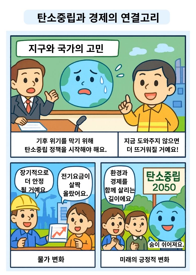 탄소중립과 경제의 연결고리를 설명하는 4컷 교육 만화