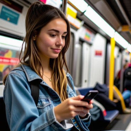 지하철 좌석에 앉아 휴대폰을 보고있는 여자