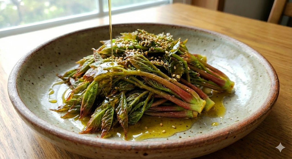 들기름의 식물성 지방 성분이 두릅 속 사포닌과 베타카로틴의 체내 흡수율을 7배 높여 혈관 독소를 제거하고 면역력을 강화하는 두릅 들기름 조리법