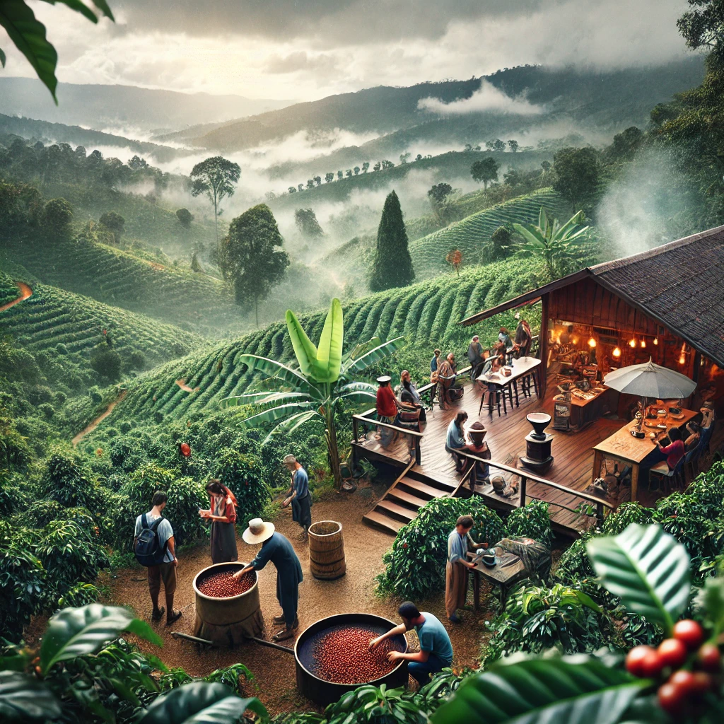 치앙마이의 푸른 커피 농장에서 직접 커피 체험을 하는 모습