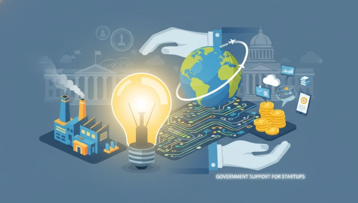 아이디어가 다양한 사업 성과로 연결되는 과정을 시각화한 그림으로, 정부 바우처를 통한 창업 및 사업 성장을 상징합니다.