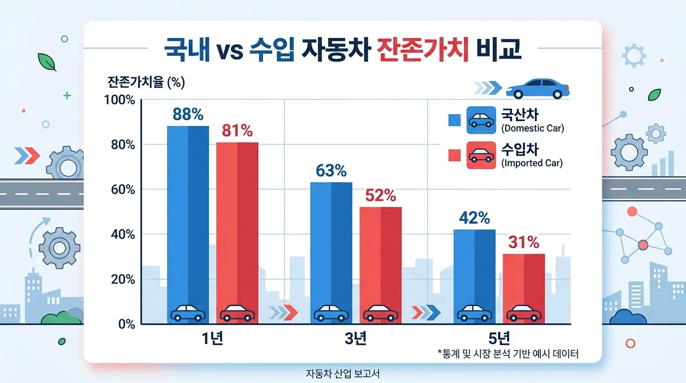 국산차와 수입차 잔존가치율을 막대그래프로 비교한 차트