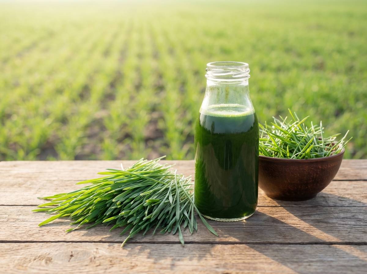 푸른 들판에서 갓 수확한 싱싱한 새싹보리와 그 옆에 놓인 진한 초록색 해독 주스