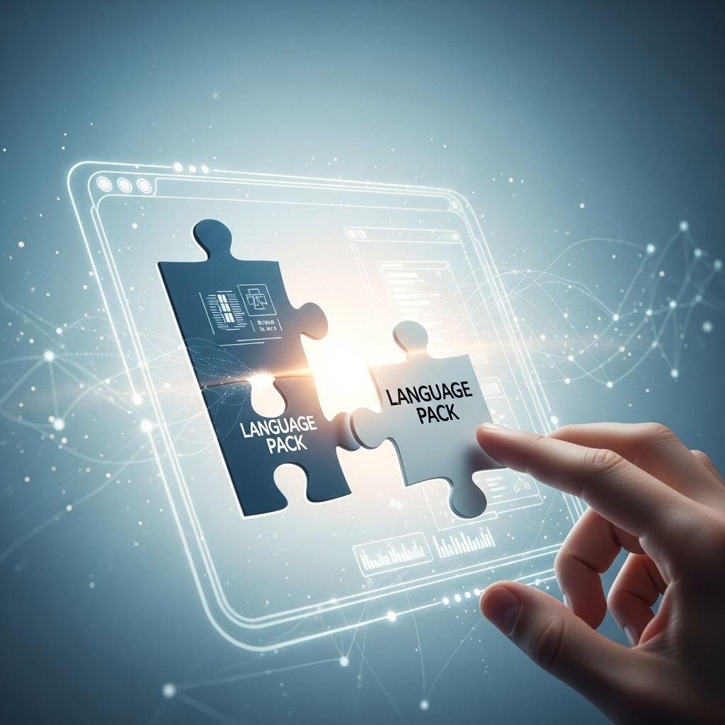 언어팩 설치 실패를 상징하는 깨진 퍼즐 조각과 윈도우 화면, 문제 해결을 시도하는 손