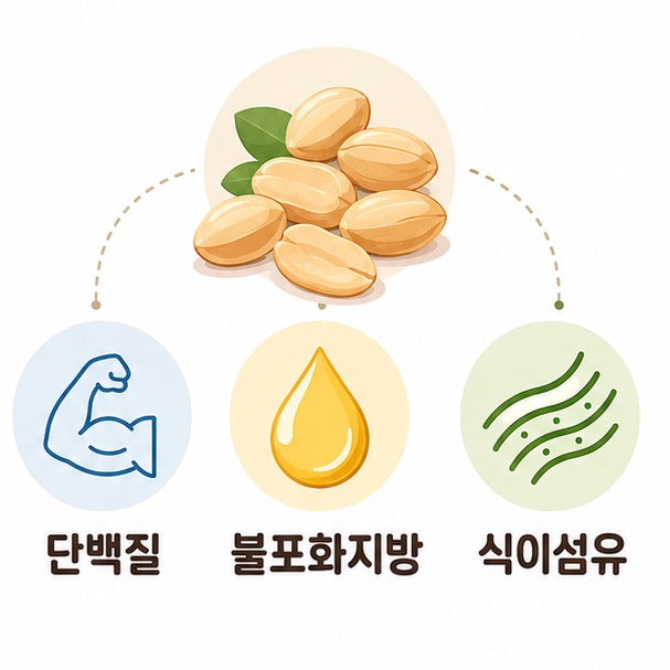 땅콩에 포함된 단백질과 불포화지방, 식이섬유 등 주요 영양성분을 정리한 이미지