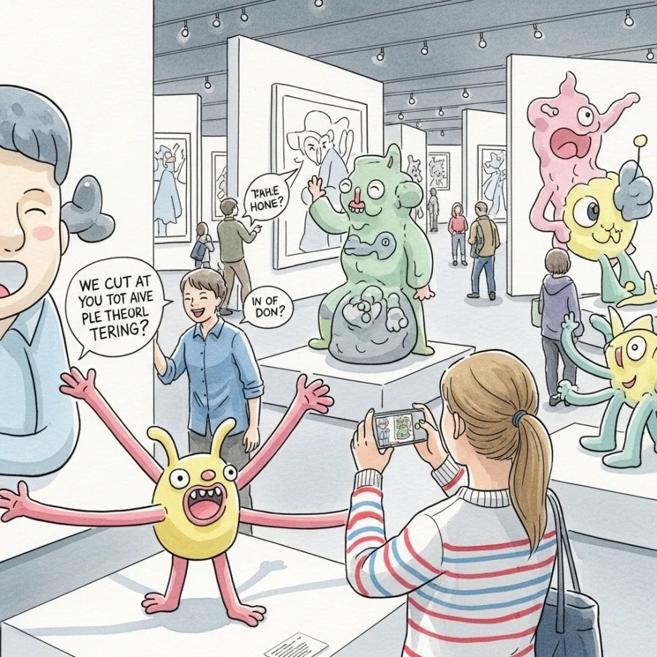 다채로운 설치 작품이 돋보이는 전시 공간.