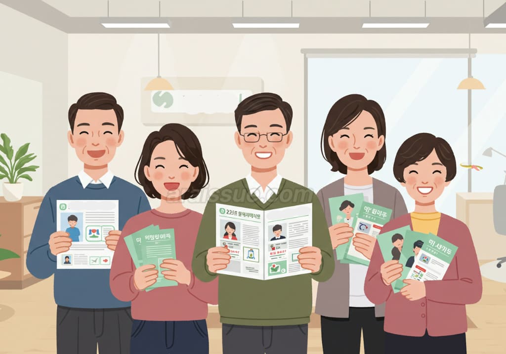 실손보험 개편 내용이 담긴 설명서를 들고 활짝 웃고 있는 한국 중년 남성 및 여성들. 보험 개편 내용에 대한 만족감을 표현하는 장면입니다.