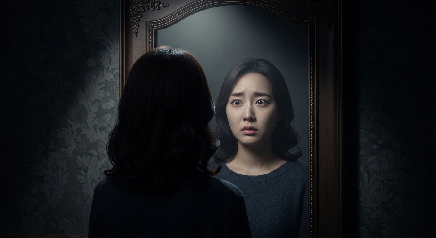 거울-앞에-서있는-한국인-젊은-여성-거울-속-표정과-실제-표정이-다른-모습