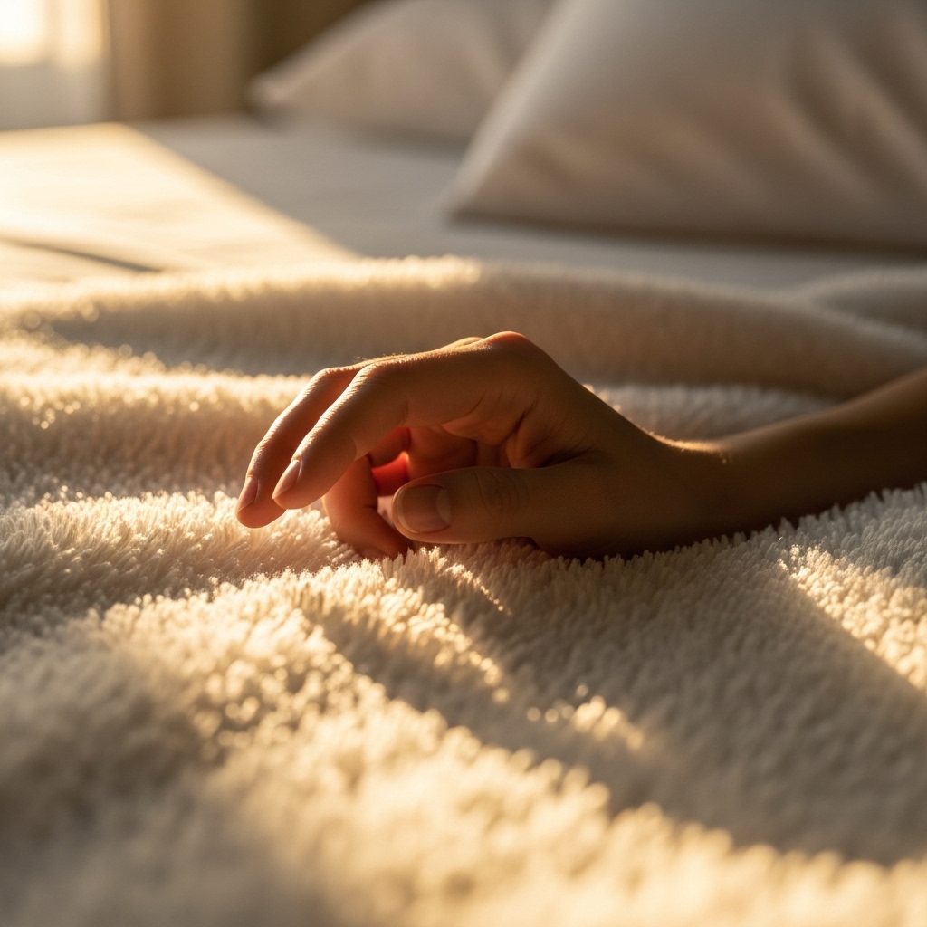 푹신한 극세사 담요를 부드럽게 만지는 손의 클로즈업