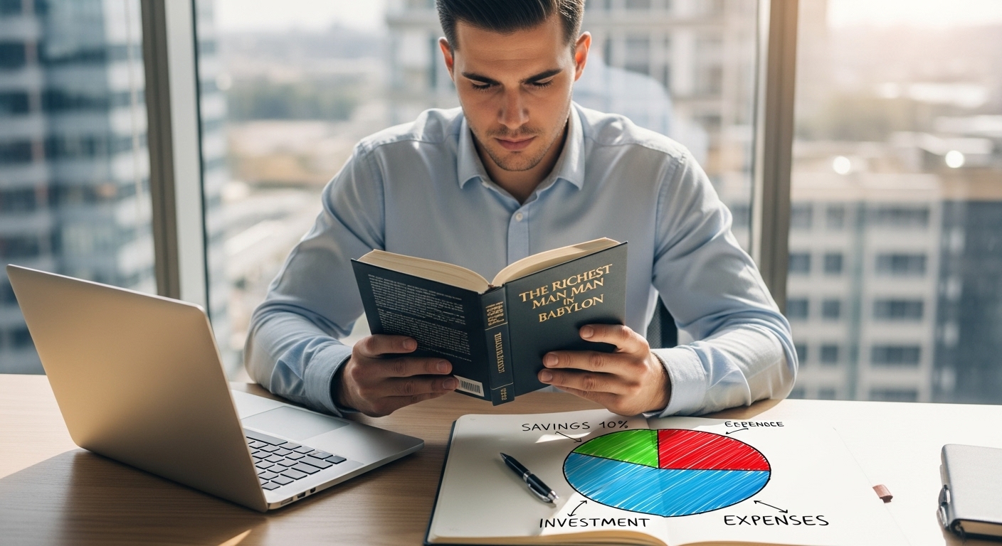 사회 초년생이 책을 읽으며 월급 통장을 계획적으로 나누고(저축, 투자, 소비) 뿌듯해하는 모습