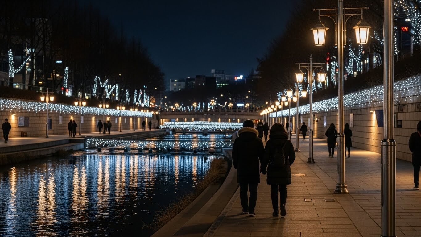 겨울밤 청계천을 따라 조명이 반짝이는 산책로를 걷는 사람들. 잔잔한 물결과 따뜻한 조명이 어우러진 서울의 조용한 크리스마스 야경.