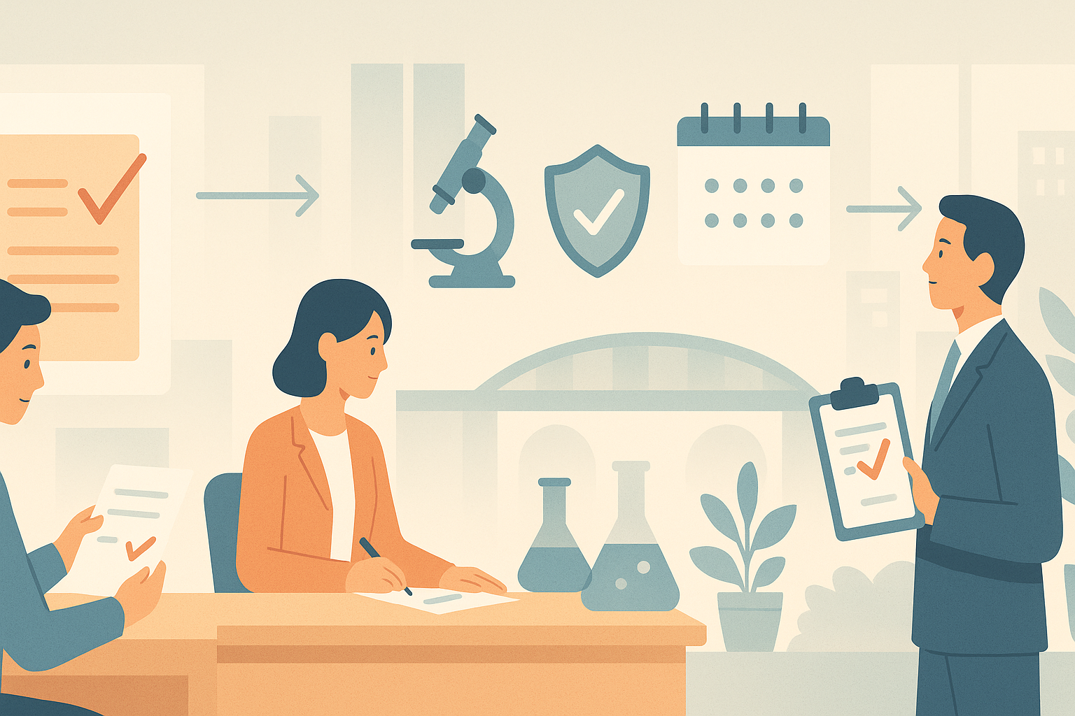 넓은 배너 비율의 일러스트로, 한국식 사무공간에서 전문가들이 문서 검토·기록·점검을 수행하고 중앙에는 실험 플라스크와 현미경, 보호 방패 아이콘, 일정 관리 캘린더가 흐름 화살표로 연결되어 화장품 효능 평가, 원료 규제, 안전성 평가 전체버전, 라벨 표시 절차 등 2025년 중국 화장품 규제 준수 과정을 상징적으로 표현한 장면