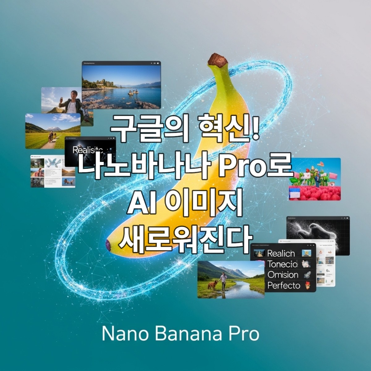 구글 나노바나나 Pro의 혁신적인 AI 이미지 생성 기능을 상징하는 미래 지향적인 디지털 아트