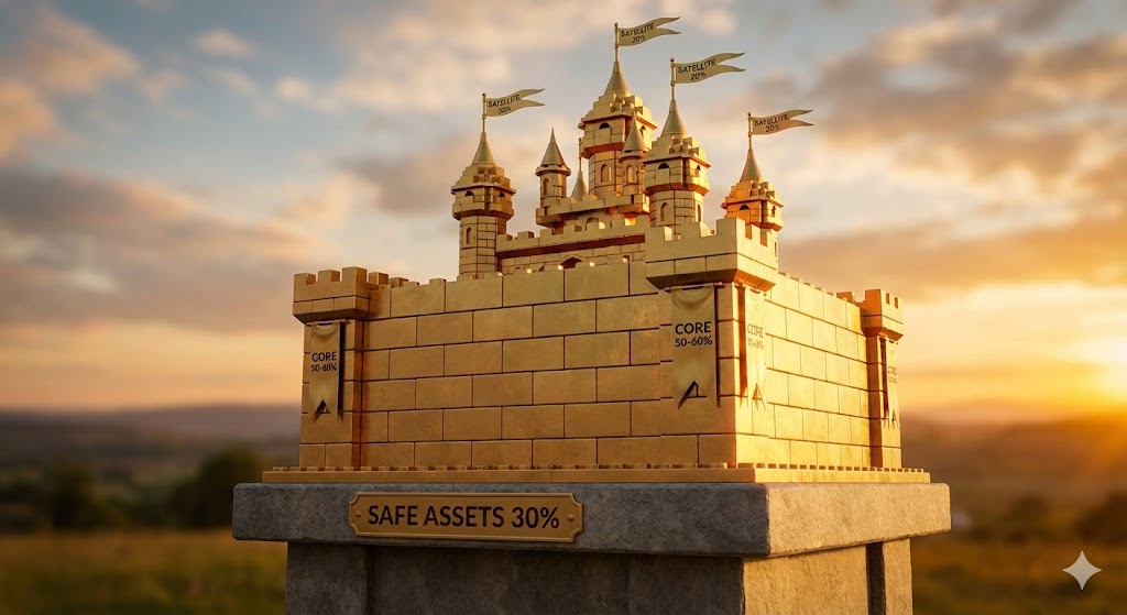 코어, 위성, 안전 자산이 황금 비율로 쌓여 있는 튼튼한 성(Castle)의 모습