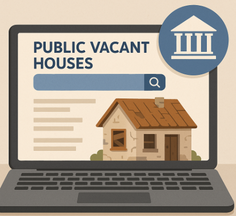 "공공 빈집 플랫폼을 표현한 일러스트, 노트북 화면에 'PUBLIC VACANT HOUSES' 검색창과 빈집 아이콘, 정부 건물 아이콘이 함께 표시된 모습