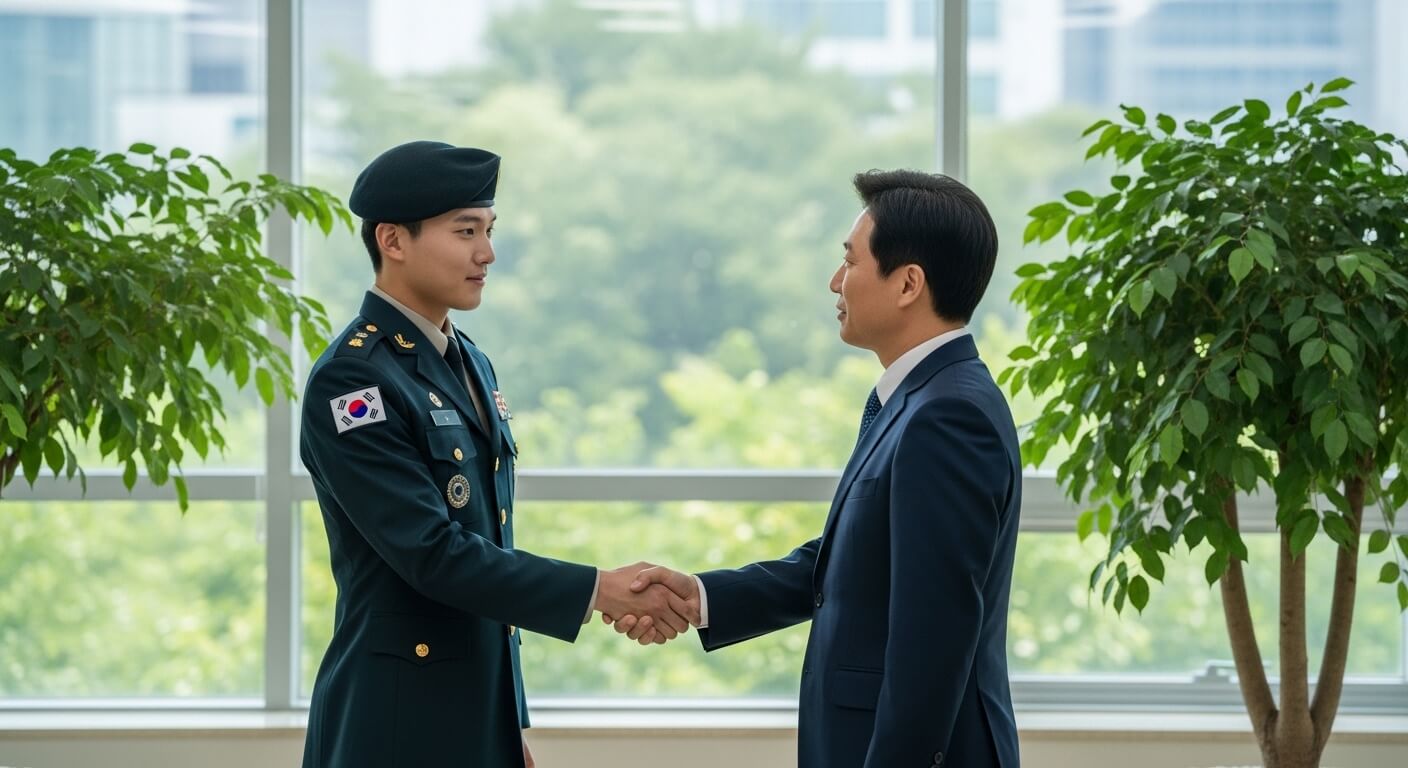 군인과 민간인이 악수를 하고 있다
