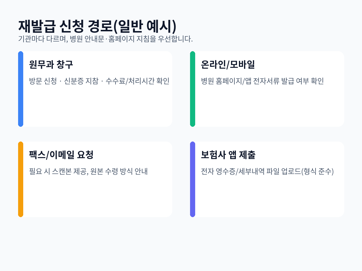 재발급 신청 경로(예시): 원무과 창구, 병원 홈페이지/앱, 팩스/이메일 요청, 보험사 앱 제출