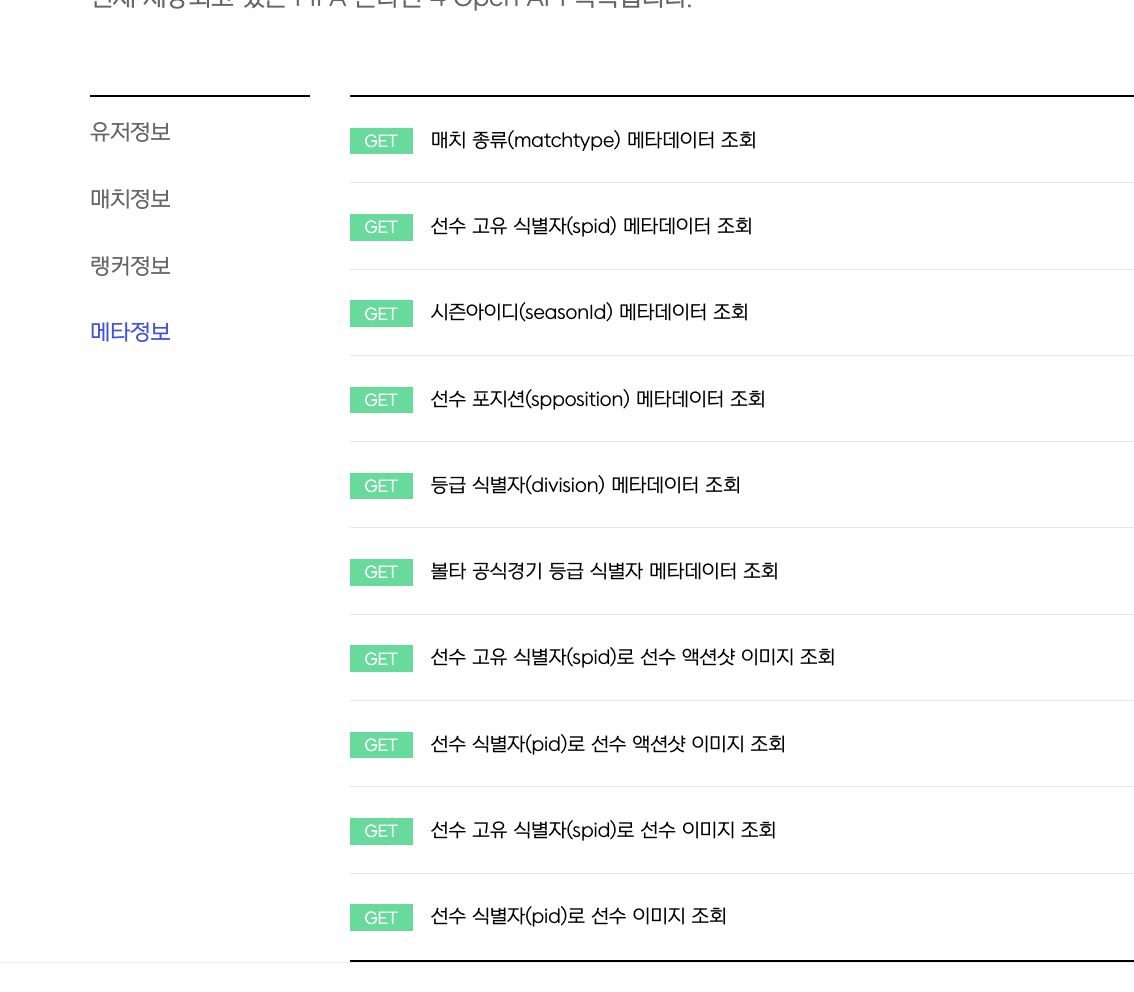 메타데이터 카테고리에서 매치 종류와 등급 식별자 조회 가능함을 보여주는 화면