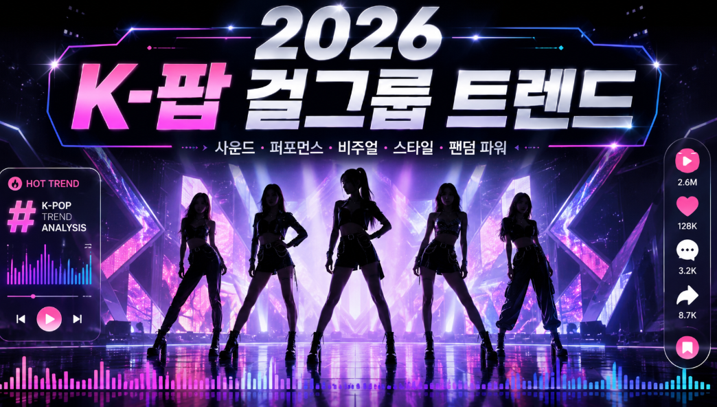 2026 K-팝 걸그룹 트렌드와 음악 스타일 패션 퍼포먼스 변화를 소개하는 이미지