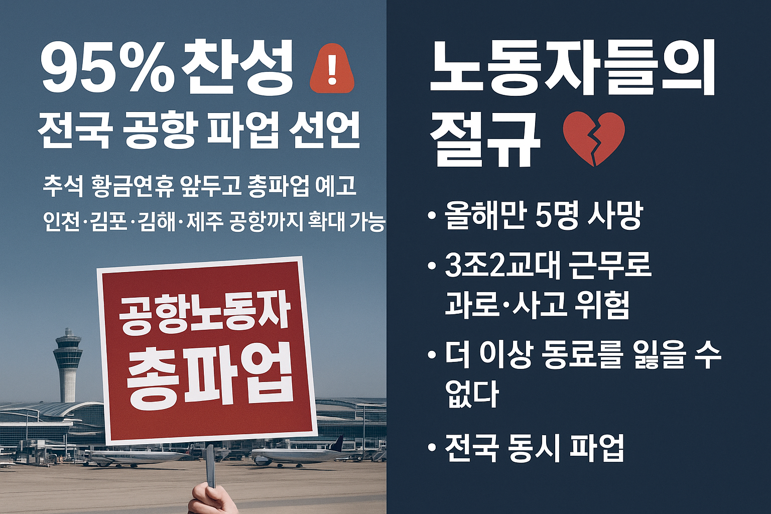 ✈️ "95% 찬성" 전국 공항 파업 선언… 추석 연휴 비행기 운항 차질 우려
