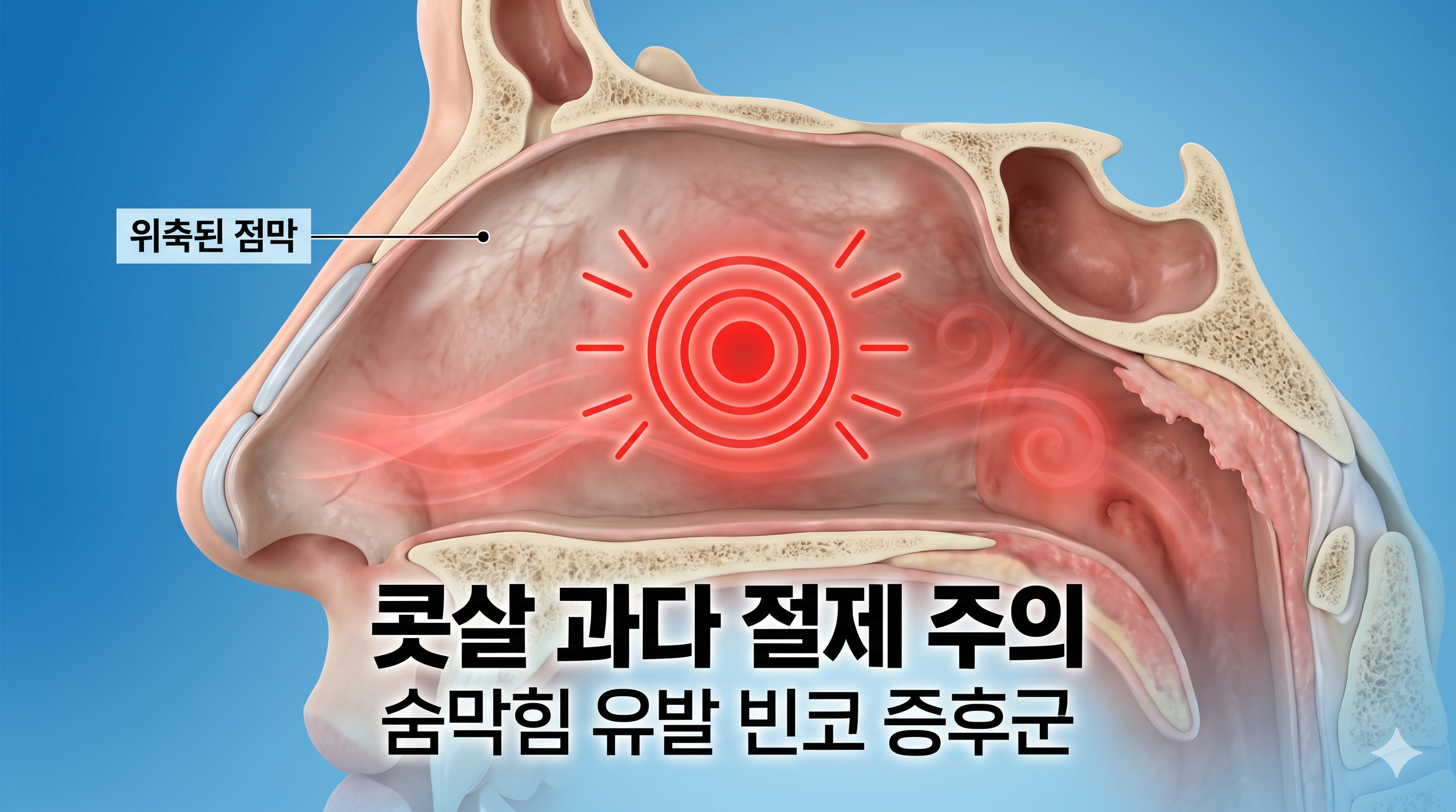 비염 수술 시 콧살을 너무 많이 잘라내어 코안이 텅 비어버렸음에도 불구하고 환자는 숨이 막히는 듯한 극심한 답답함과 건조증을 느끼는 '빈코 증후군(Empty Nose Syndrome)' 부작용 시뮬레이션