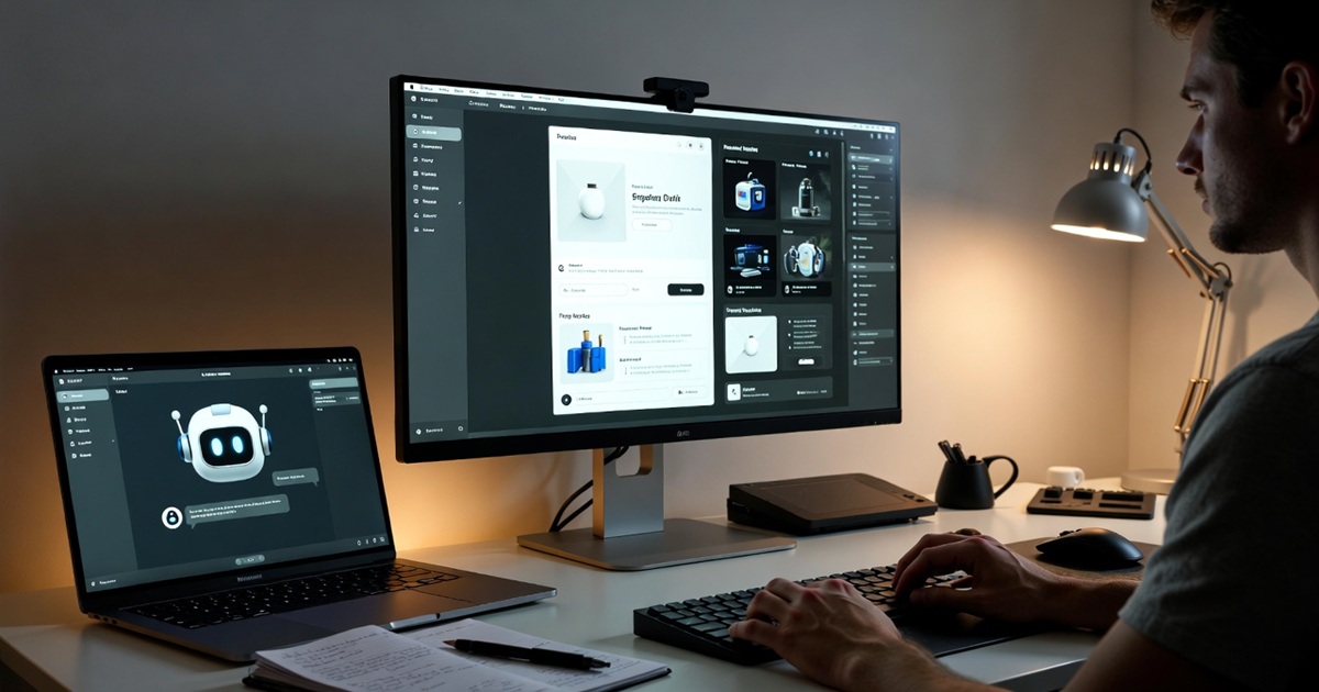 AI 툴로 상세페이지를 제작하는 프리랜서가 모니터에 디자인 레이아웃을 띄워놓고 노트북으로 작업하는 홈오피스 모습