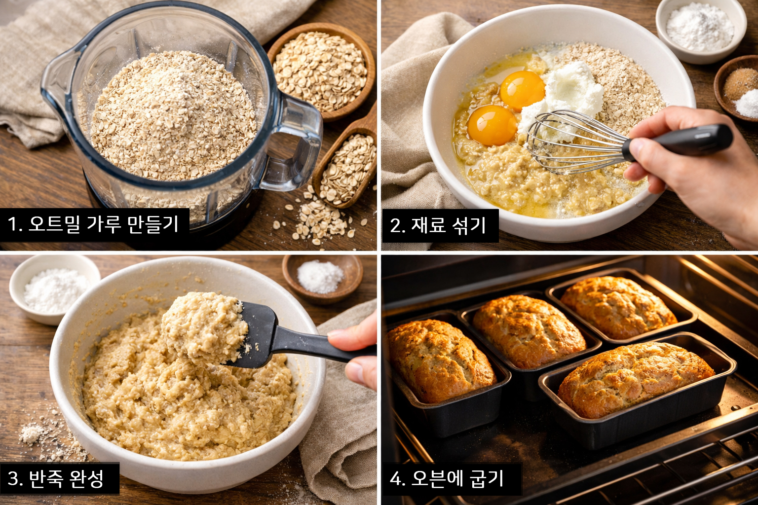 오트밀 가루를 만들고 재료를 잘 섞은 뒤 오븐에 굽기