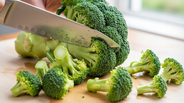 도마 위에서 싱싱한 브로콜리를 한입 크기로 일정하게 자르고 있는 모습.