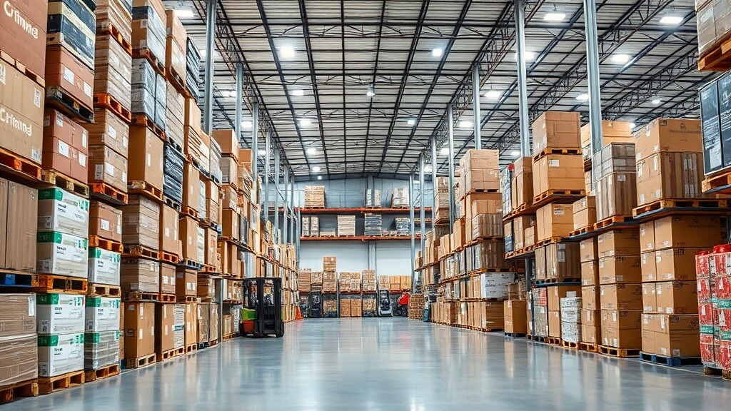 멈춰 선 컨테이너 열차와 물류창고에 가득 쌓여 운송되지 못하는 수많은 화물 박스들. 물류 마비로 인한 혼란을 시각적으로 보여준다