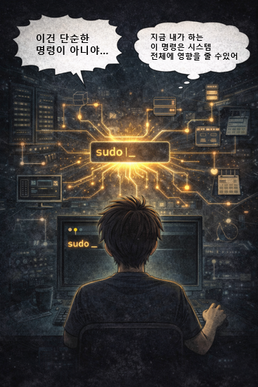 ๋ฆฌ๋
์ค sudo ๋ช
๋ น์ด์ ์ฑ
์๊ฐ์ ๊ฐ์กฐํ๋ ์ผ๋ฌ์คํธ. ์์คํ
์ ์ฒด์ ์ํฅ์ ์ค ์ ์๋ ๋ช
๋ น์ ์คํํ๊ธฐ ์ ์ ์คํ๊ฒ ๊ณ ๋ฏผํ๋ ์ฌ์ฉ์ ๋ชจ์ต