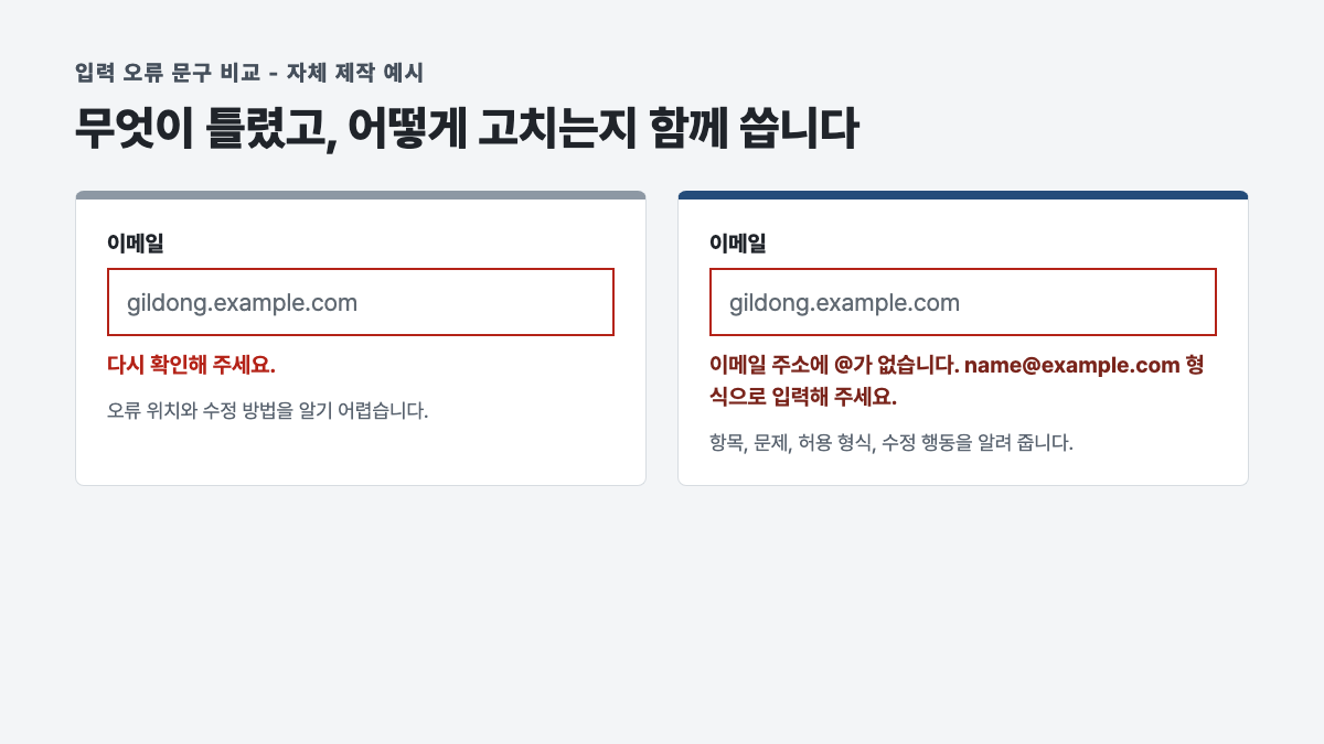 모호한 다시 확인해 주세요 문구와 문제와 수정 방법을 함께 알려 주는 이메일 오류 문구 비교 도해