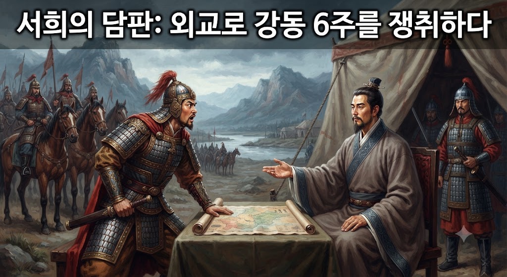 고려의 수도 개경 근처 들판, 거란의 대군을 배경으로 당당하게 마주 선 서희(고려 관복)와 소손녕(거란 장수)의 모습을 그렸습니다. 서희의 손짓과 표정에서 "우리는 고구려를 계승한 고려다"라는 논리로 적의 명분을 꺾는 기개가 느껴집니다.