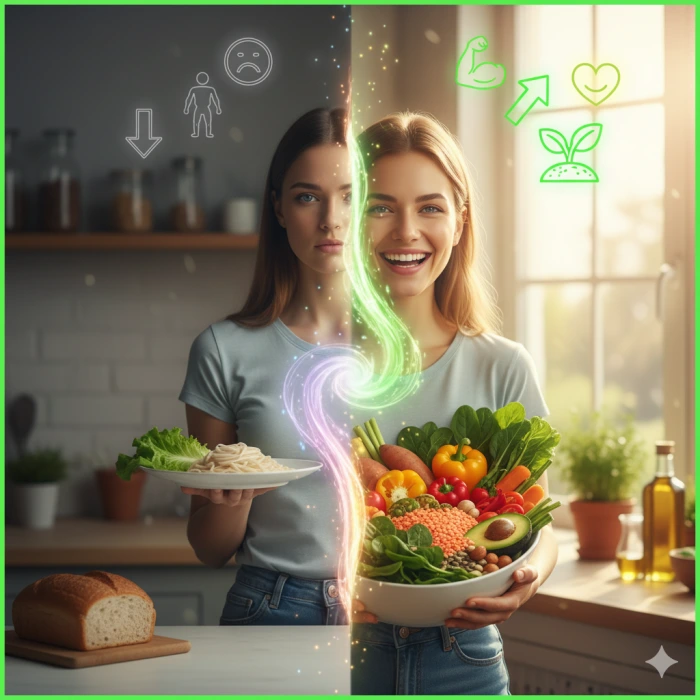 한 여성이 영양 불균형을 암시하는 빈약한 접시와 우울한 표정을 짓고 있는 모습