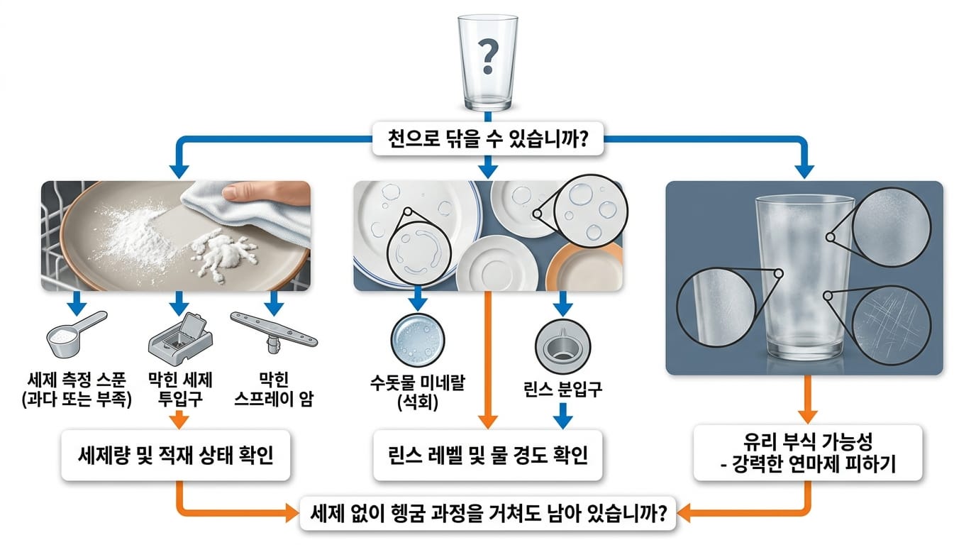 식기세척기 흰 자국 원인을 구분하는 진단 순서도
