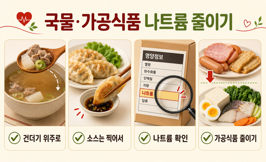 심장 건강을 위한 나트륨 줄이는 방법, 국물 적게 먹기 소스 줄이기 영양성분표 나트륨 확인 가공식품 섭취 줄이기