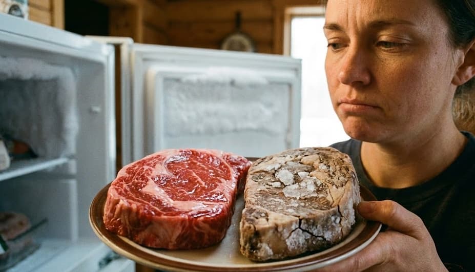 냉동 소고기를 들고 있는 여인